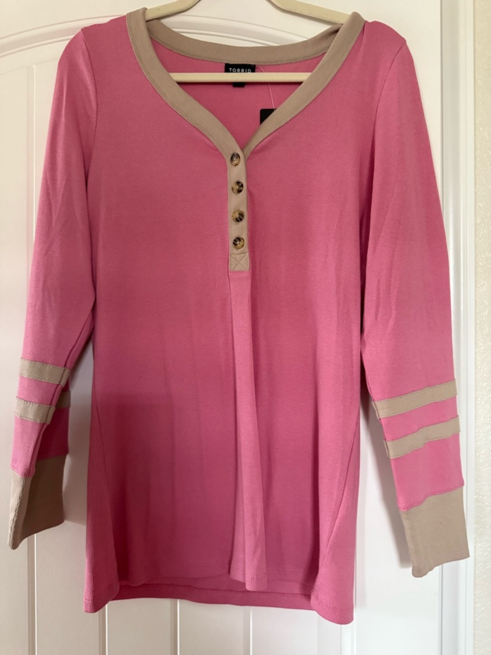 Torrid Cotton Modal Rib Pink Henley Varsity Long Sleeve Top 1X 14/16 NWT